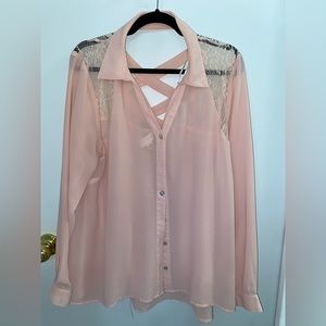 Woman’s sheer blush long sleeve top with lace detail. Forever21+